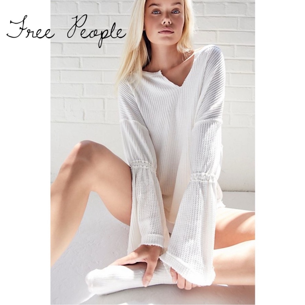 NWOT Free People White Dahlia Pullover Thermal Sweater bell sleeve boho shirt